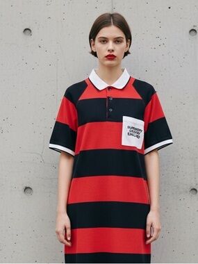 Burberry Red and Black Striped Oversized Polo Or Polo Mini Dress
